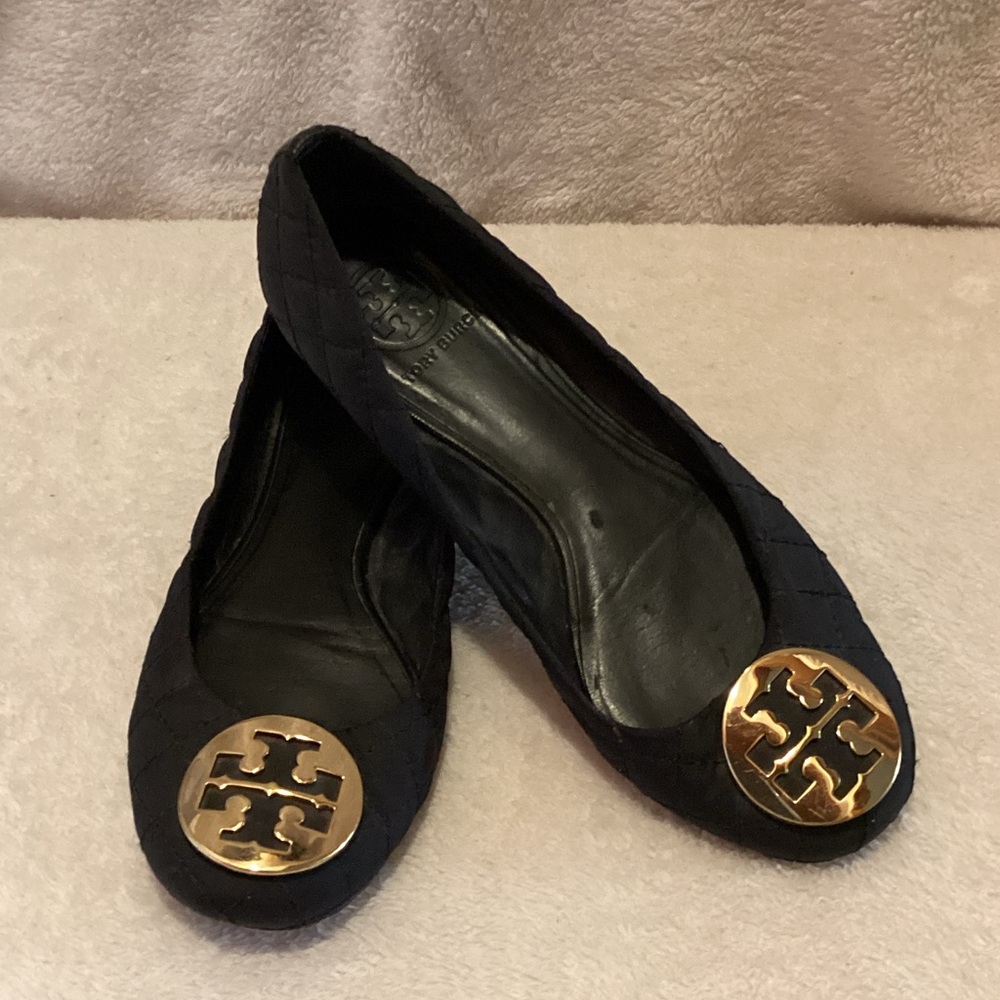 Tory Burch Black Flats with 24K Gold Tone Emblem